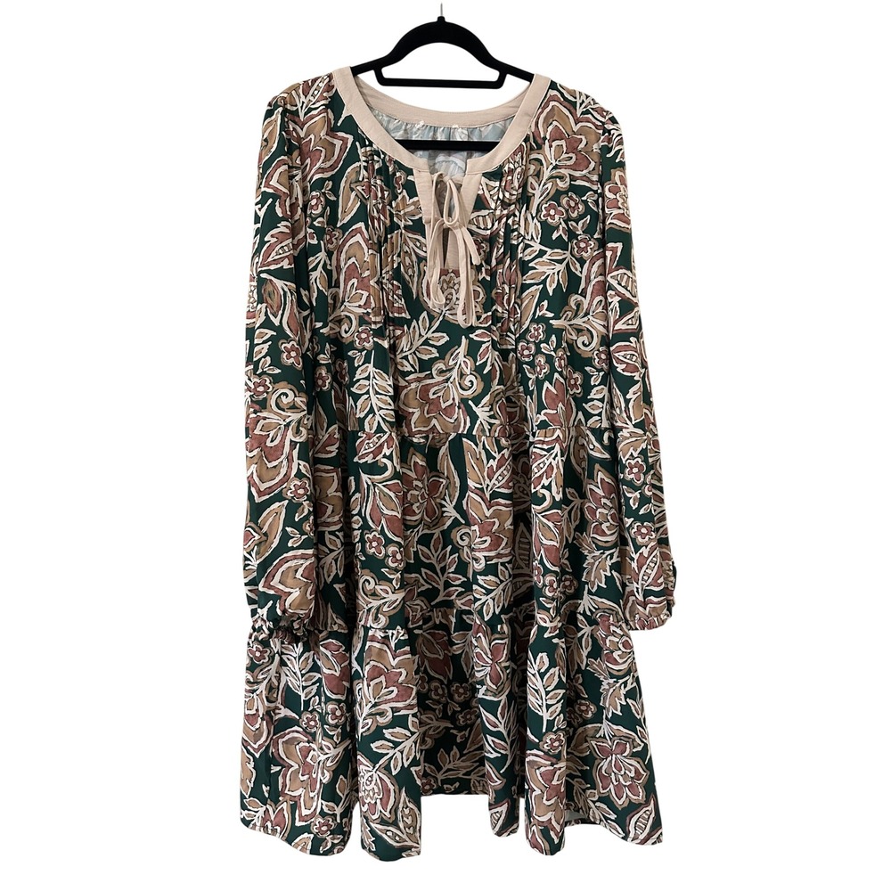 Floral Tiered Babydoll Mini Dress Long‎ Sleeve Green Boho Peasant Botanical 2X